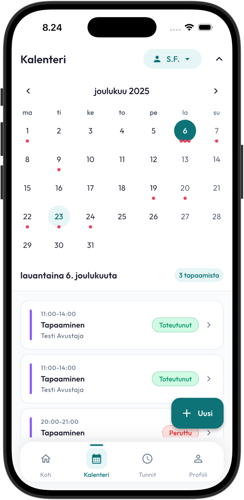 Jaettu kalenteri - AvuLoki sovelluksen näkymä
